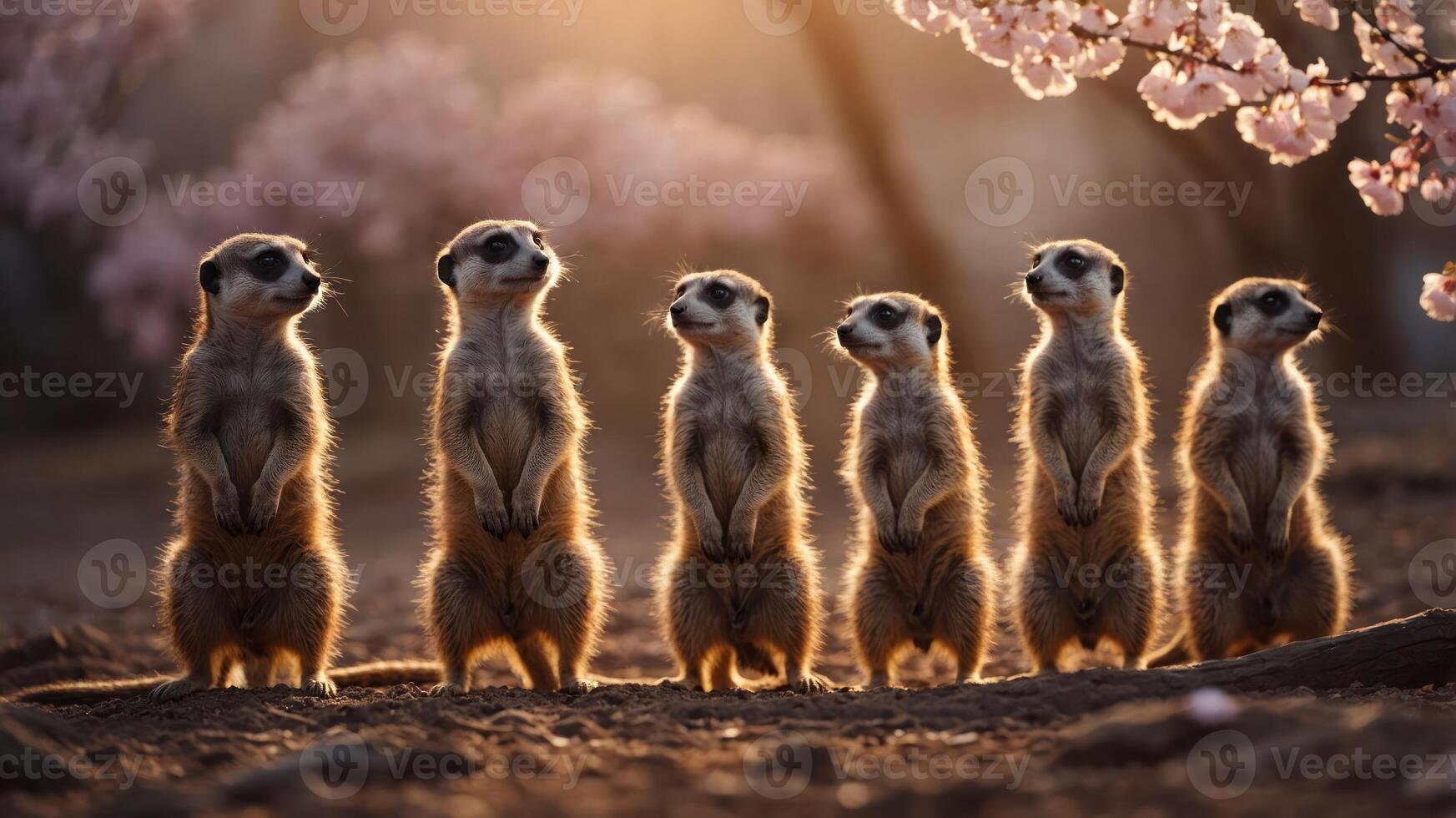 A group of meerkats standing upright in a serene environment with cherry blossoms. photo