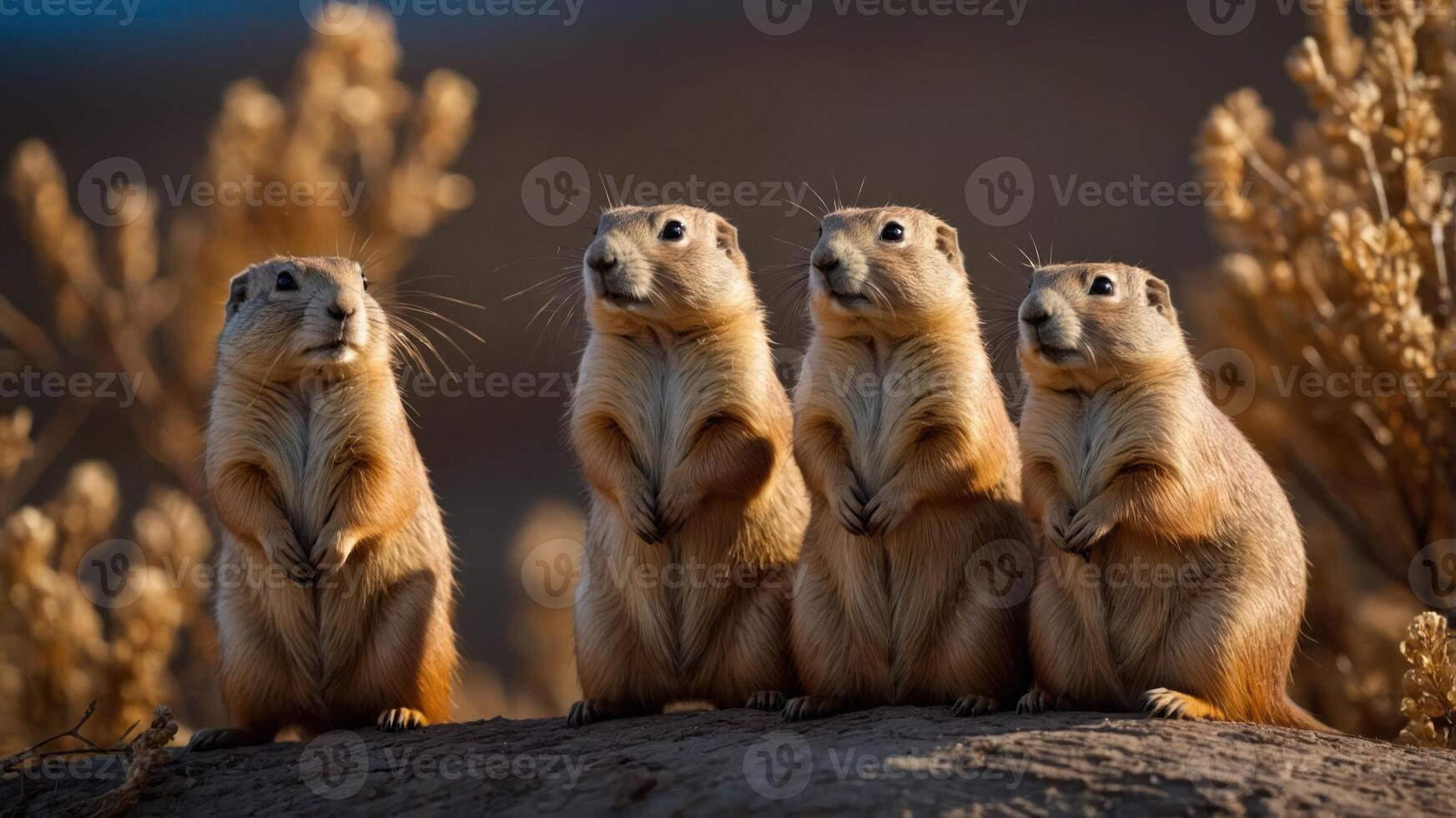 Four prairie dogs standing upright in a natural setting, showcasing their social behavior. photo