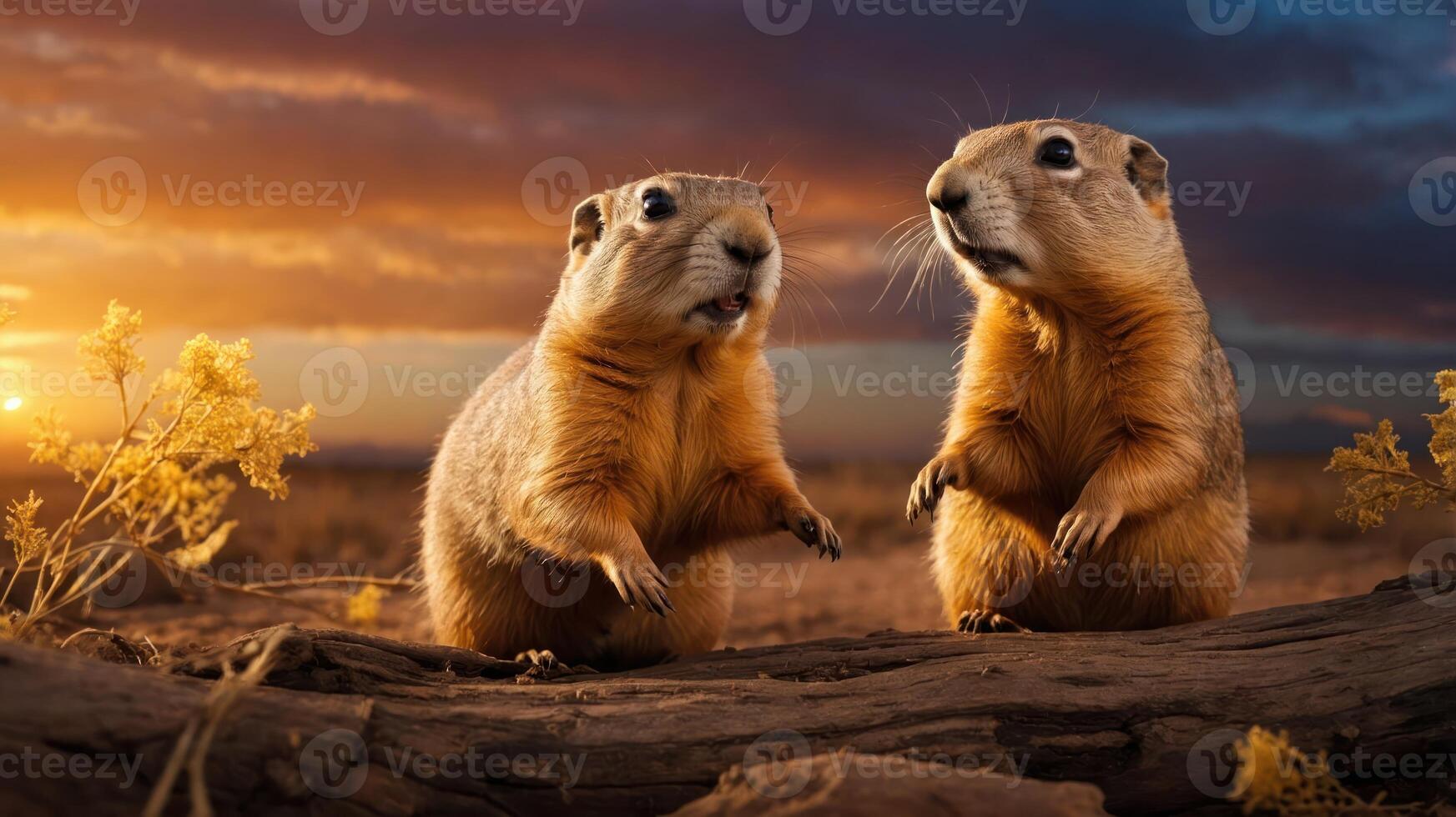 Two prairie dogs standing on a log during a vibrant sunset in a natural landscape. photo