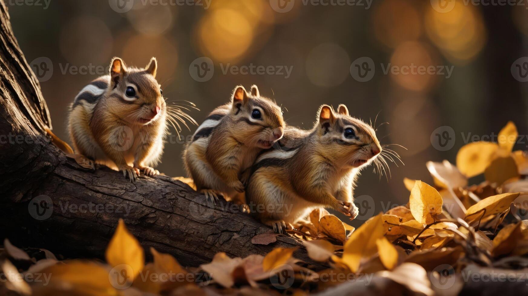 Three chipmunks on a log surrounded by autumn leaves in a forest setting. photo