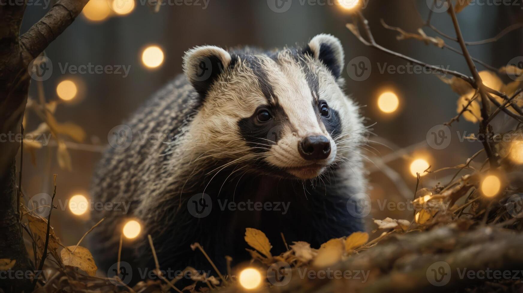 A close-up of a badger surrounded by warm, glowing lights in a forest setting. photo