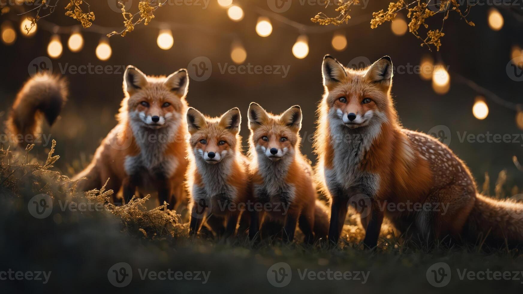 A family of foxes gathered in a serene setting with glowing lights in the background. photo