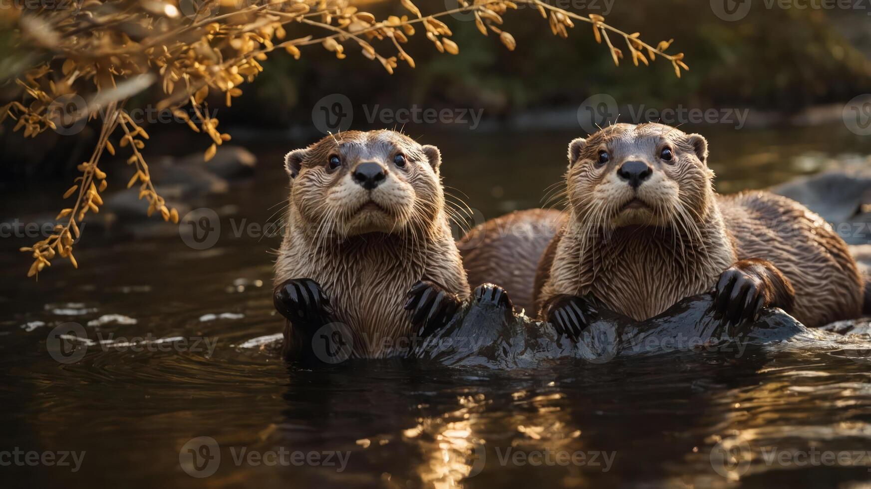 Two otters playfully interacting in a serene water setting surrounded by nature. photo