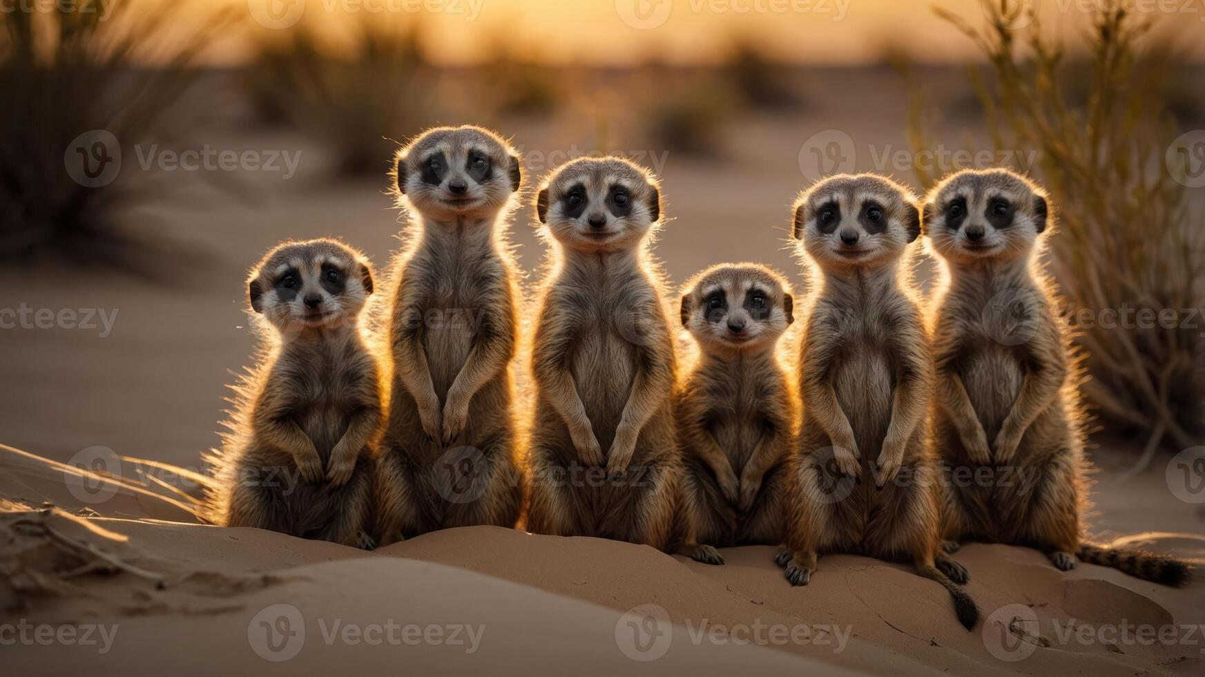 A group of six meerkats standing upright in a desert setting during sunset. photo