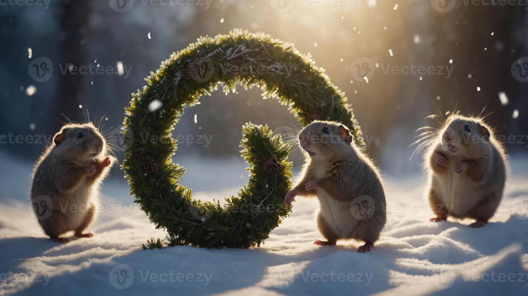Three adorable hamsters play near a circular wreath in a snowy landscape. photo