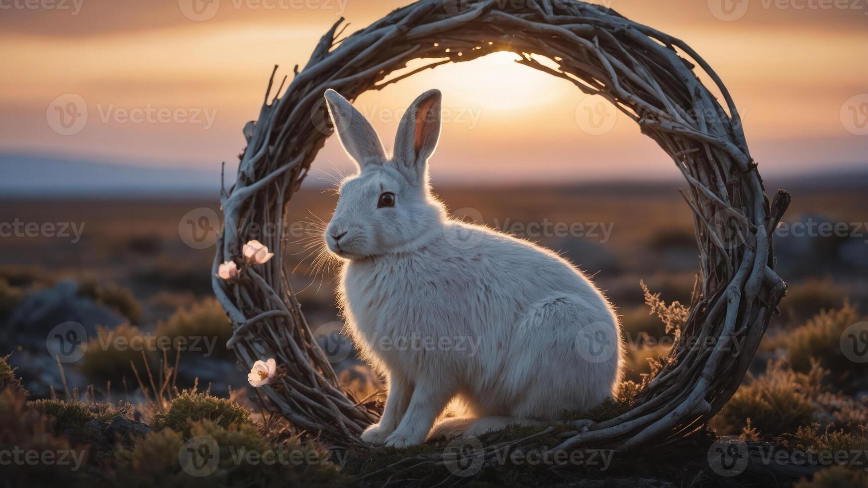 A serene white rabbit sits in a twig circle at sunset, highlighting nature's beauty. photo