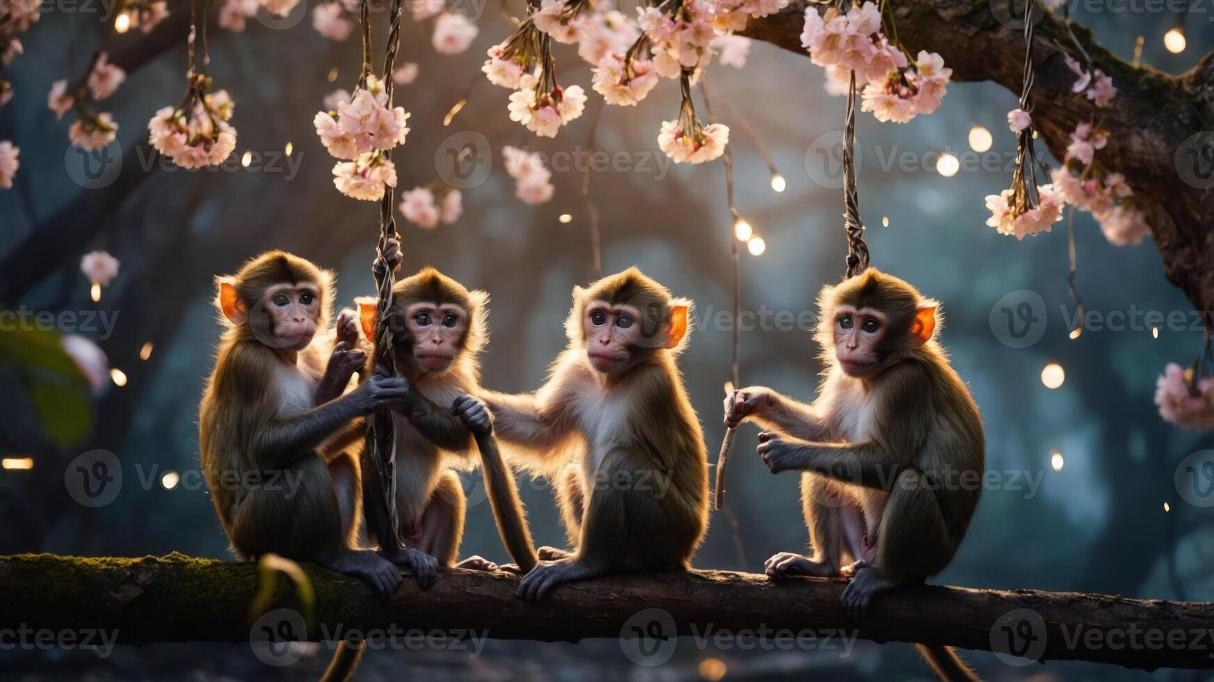 Four monkeys sitting on a branch adorned with cherry blossoms and twinkling lights. photo
