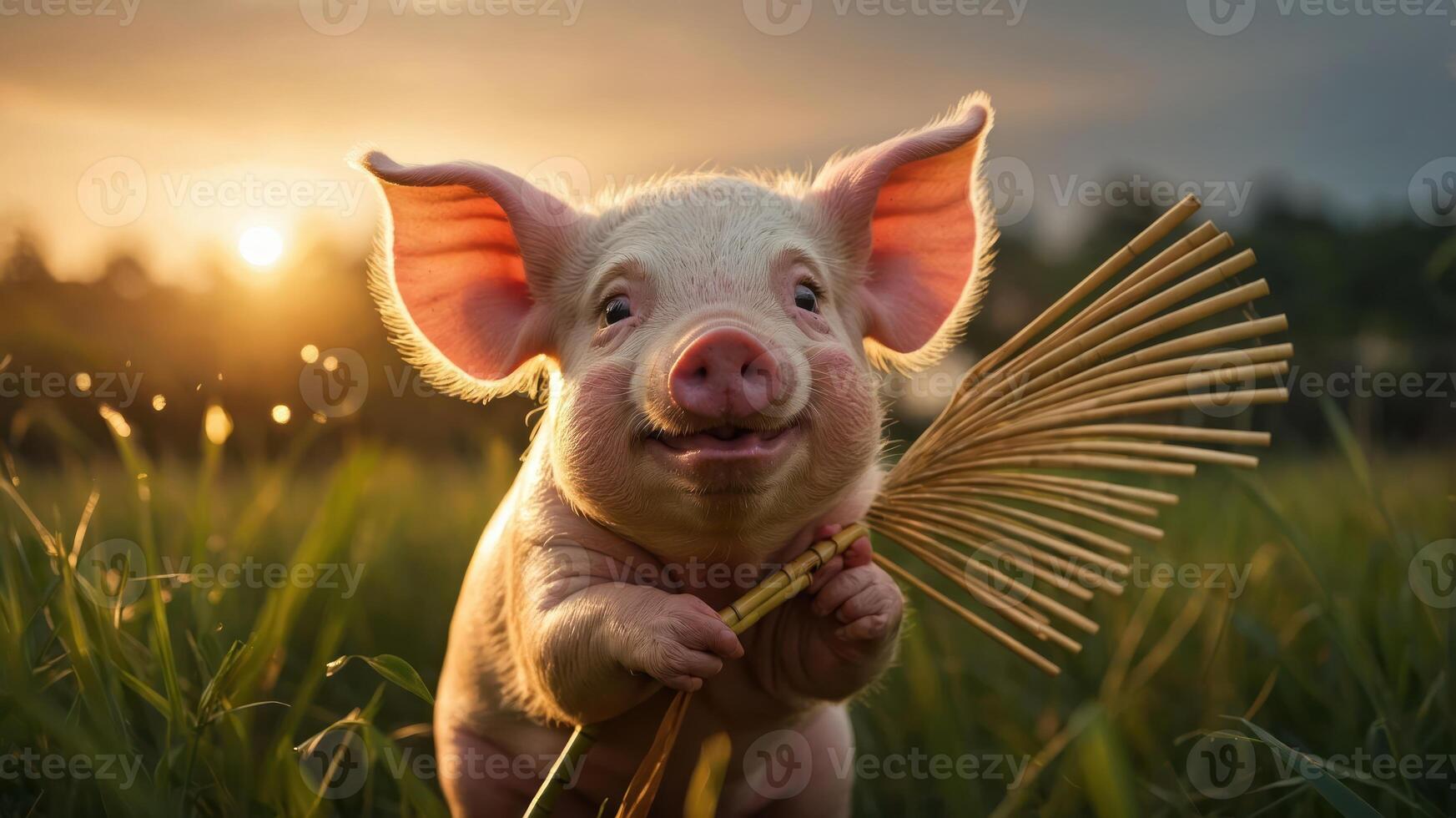 A cheerful piglet holding a broom in a grassy field during sunset. photo