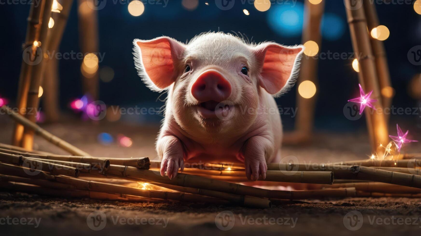 A cute piglet smiling in a cozy setting with twinkling lights. photo