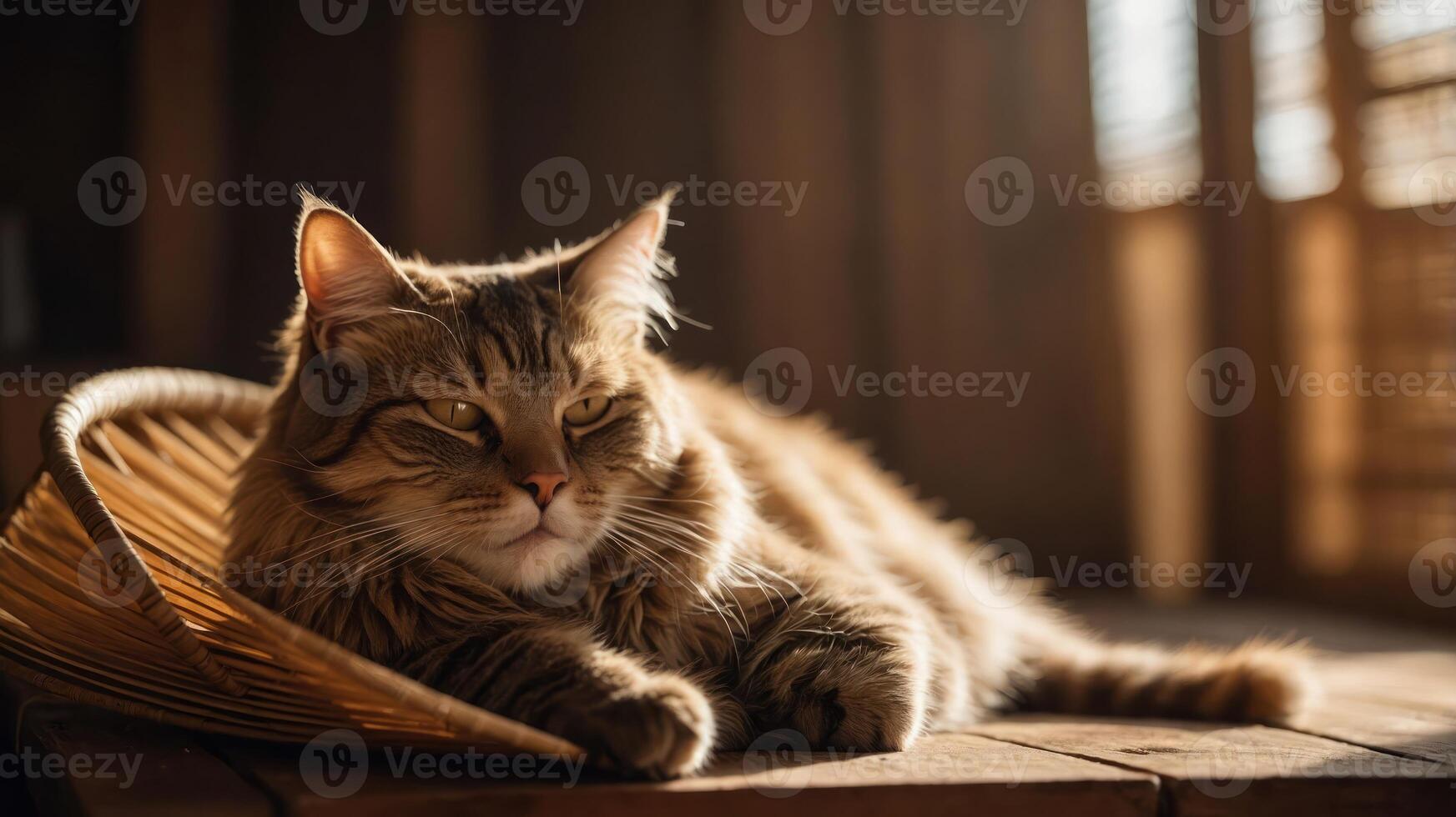 A serene cat lounging in warm sunlight, embodying relaxation and tranquility. photo