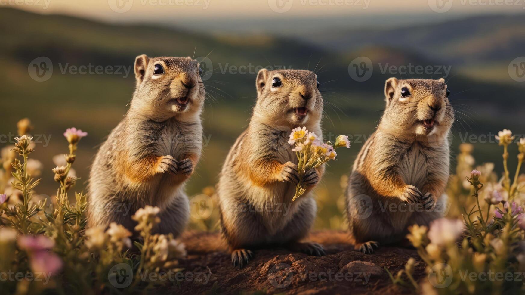 Three cheerful squirrels holding flowers in a vibrant meadow. photo