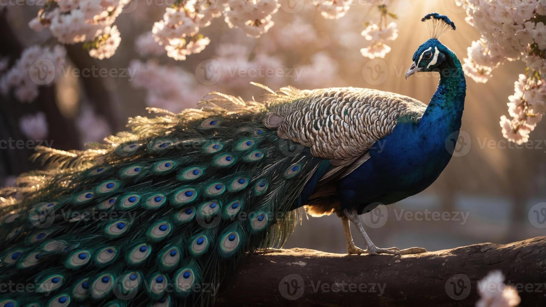 A peacock displays its vibrant feathers amidst blooming cherry blossoms in soft sunlight. photo