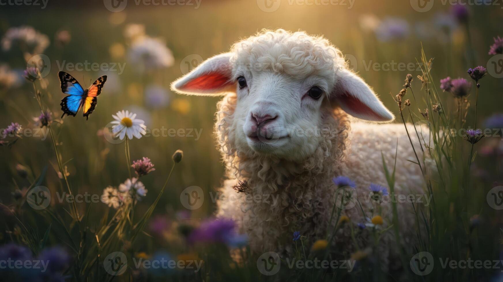 A cute lamb in a flower-filled meadow with a butterfly nearby, evoking a serene atmosphere. photo