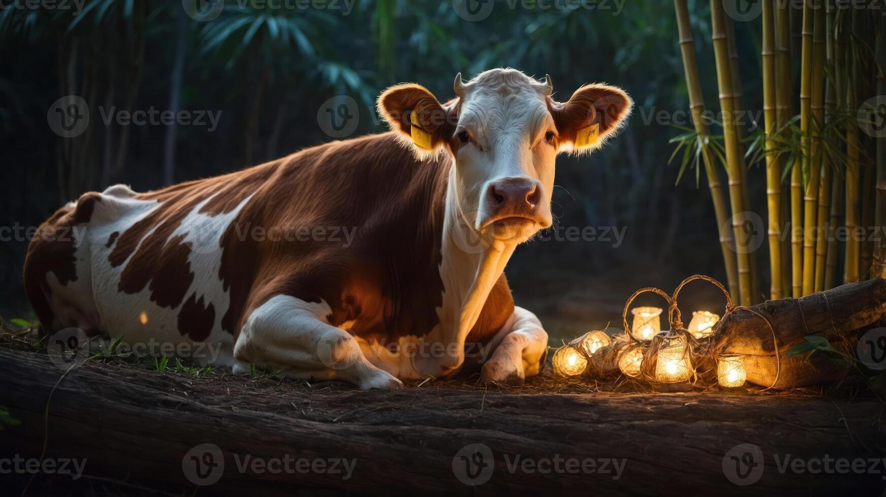A serene cow resting beside glowing lanterns in a lush, bamboo-filled environment. photo