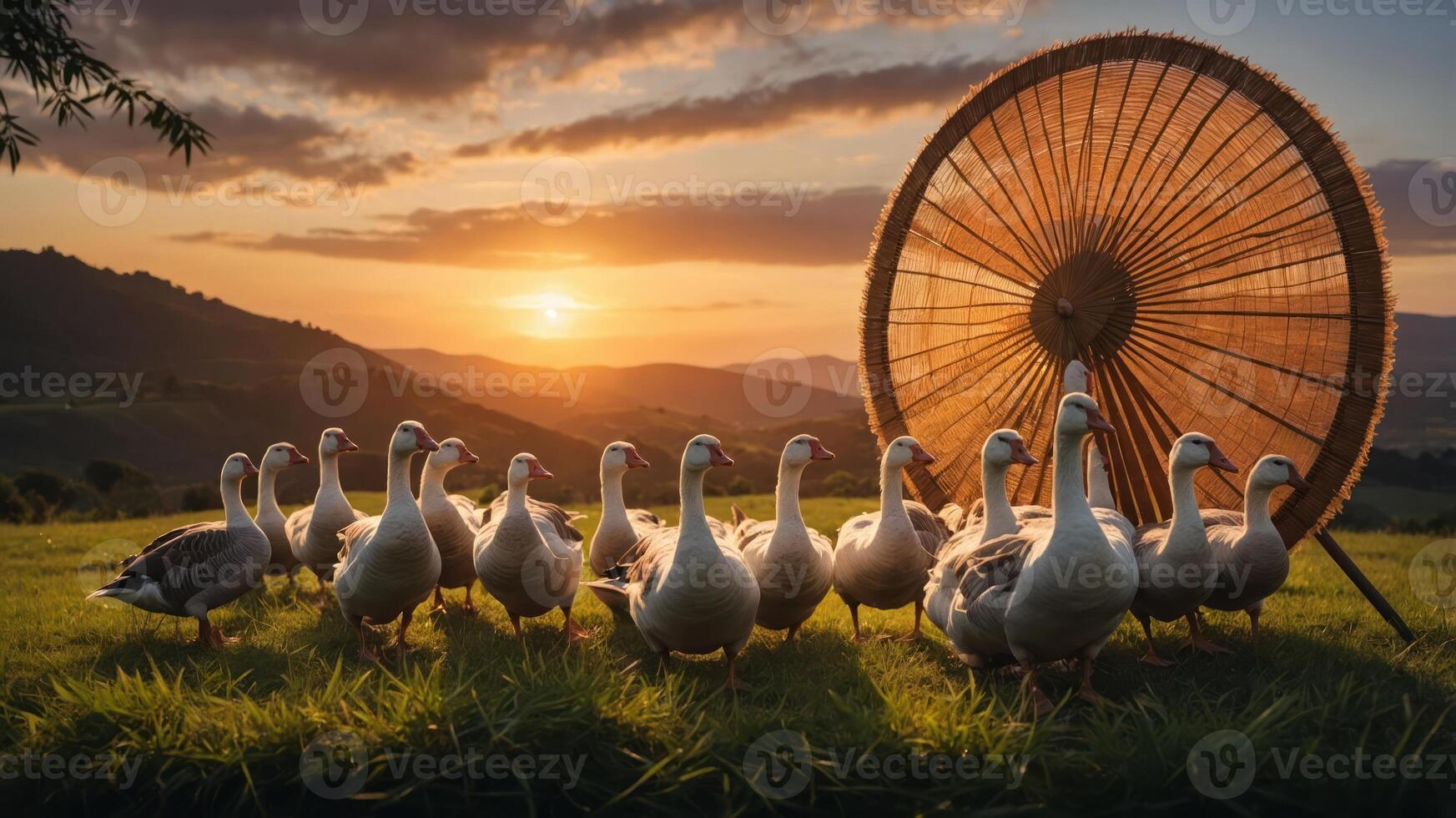 A serene sunset scene with geese gathered near a large decorative fan. photo