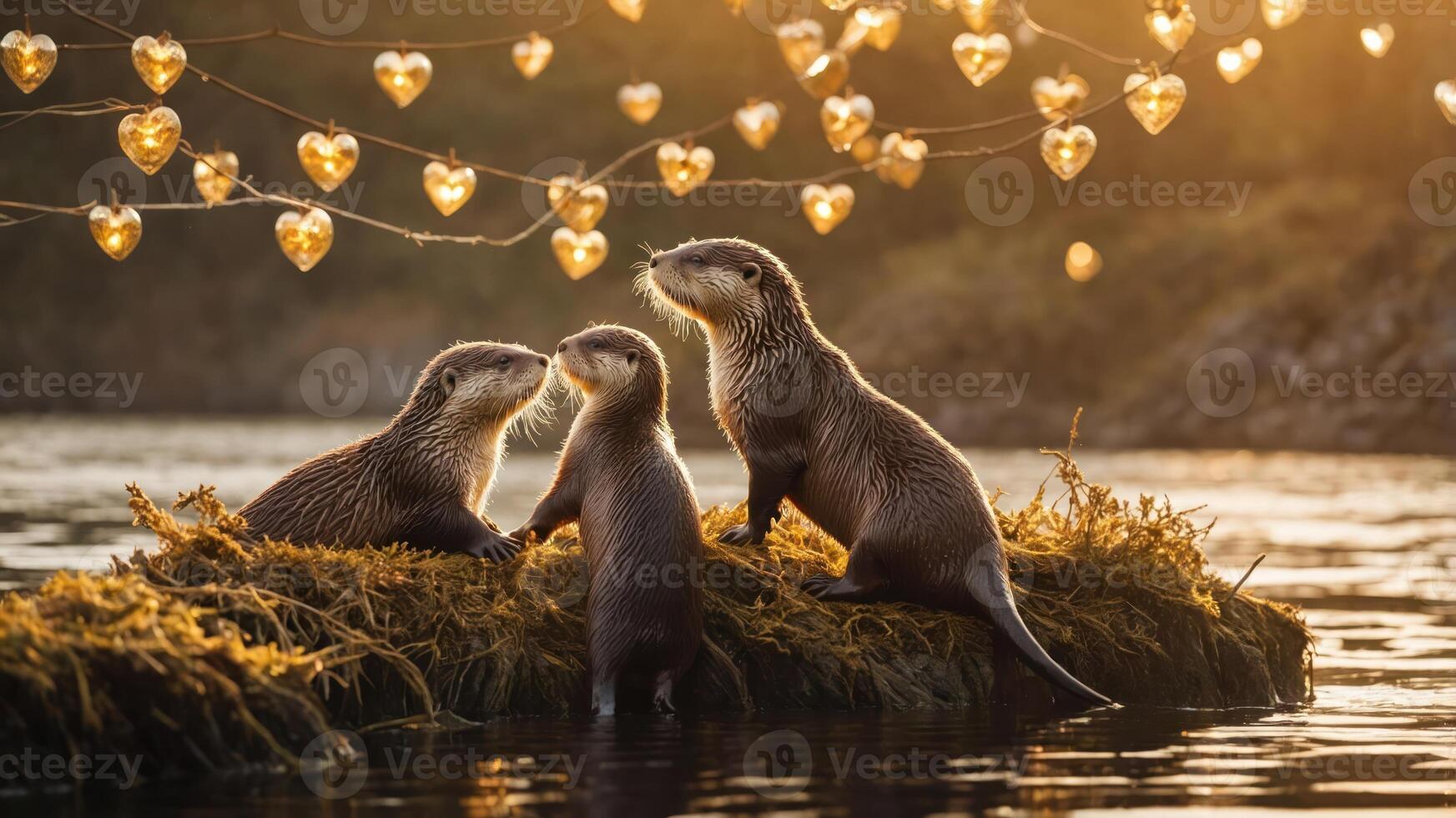 Three otters on a mossy island with heart-shaped lights in a serene setting. photo