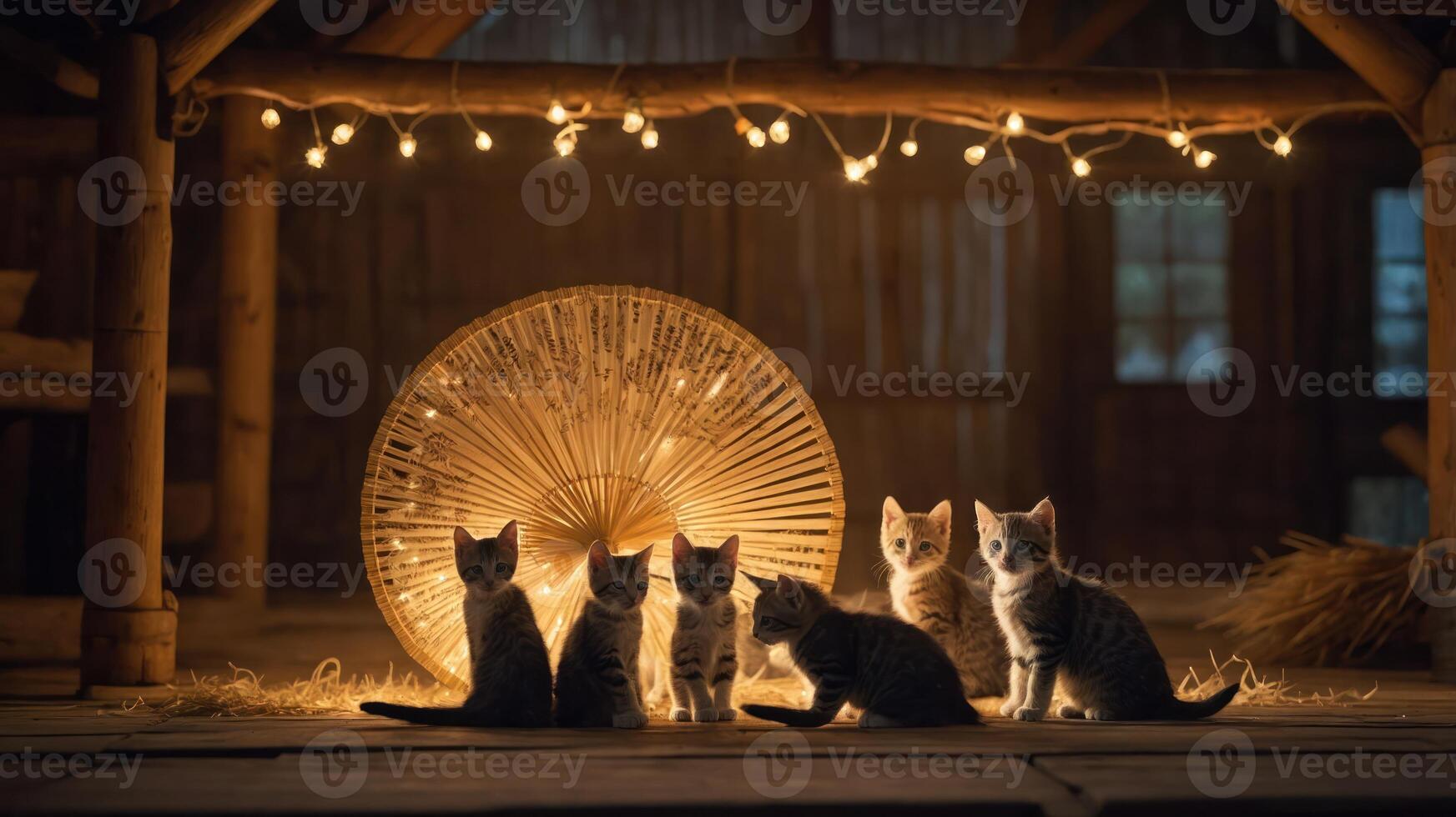 Six kittens sitting together in a dimly lit barn, illuminated by warm string lights. photo