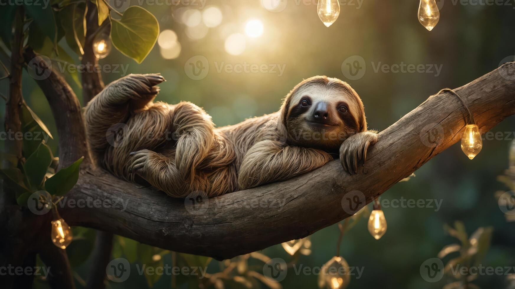 A sloth lounging on a tree branch adorned with lights in a serene forest setting. photo