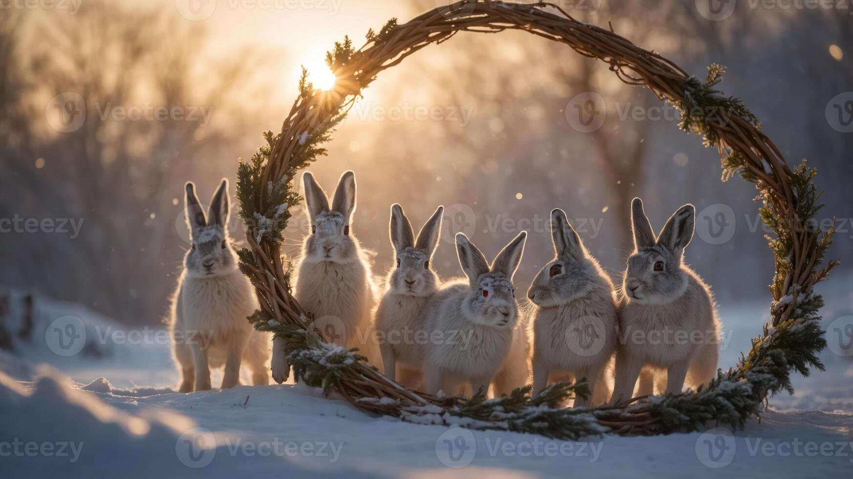 A group of rabbits gathered around a decorative wreath in a snowy landscape at sunset. photo