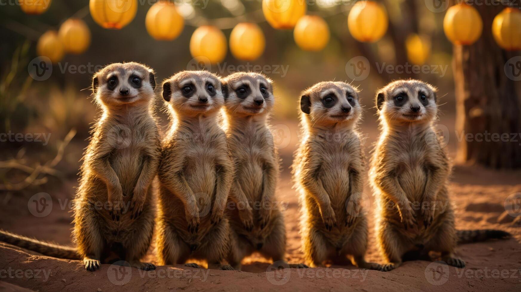 A group of five meerkats standing together in a warm, illuminated setting with lanterns. photo