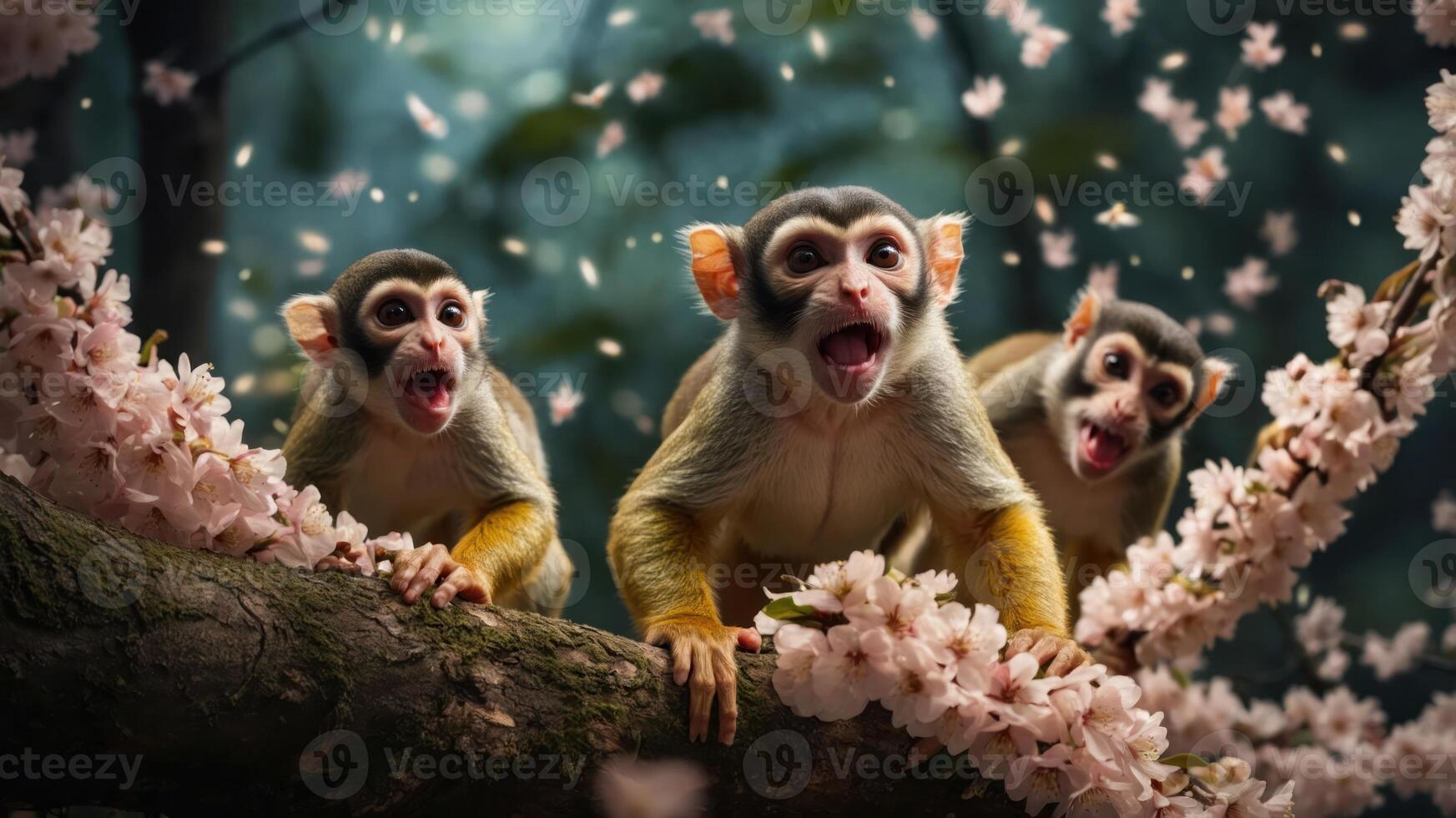 Three playful monkeys on a branch surrounded by blooming cherry blossoms. photo
