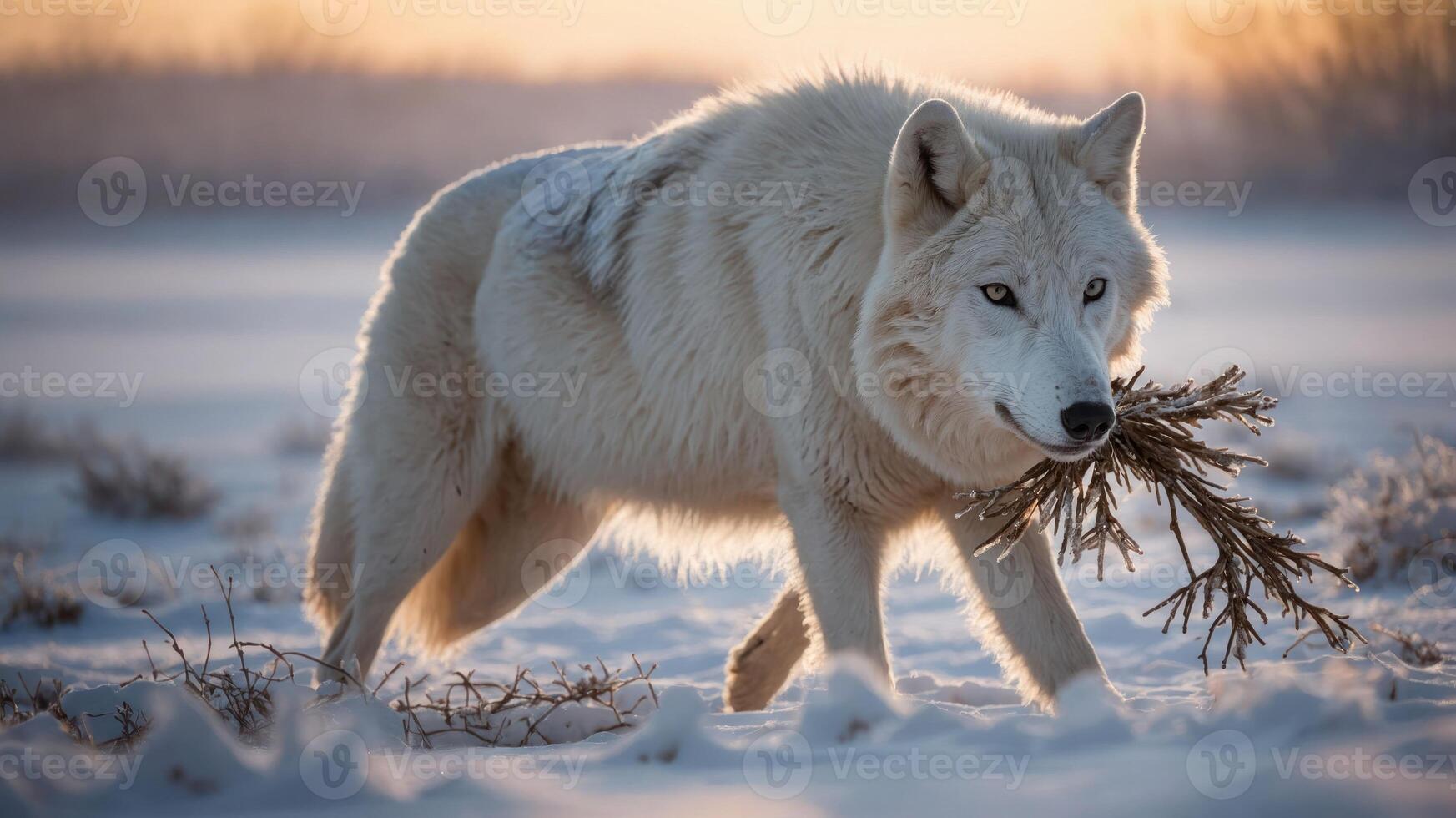A majestic white wolf walking through the snowy landscape, carrying a twig in its mouth. photo