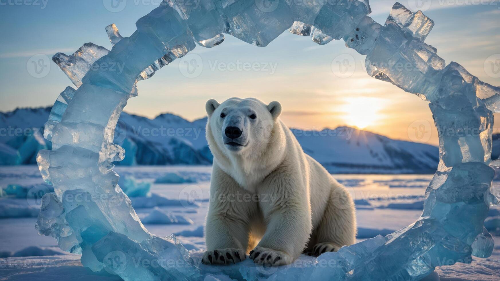 A polar bear sits amidst ice formations with a sunset backdrop, highlighting Arctic beauty. photo