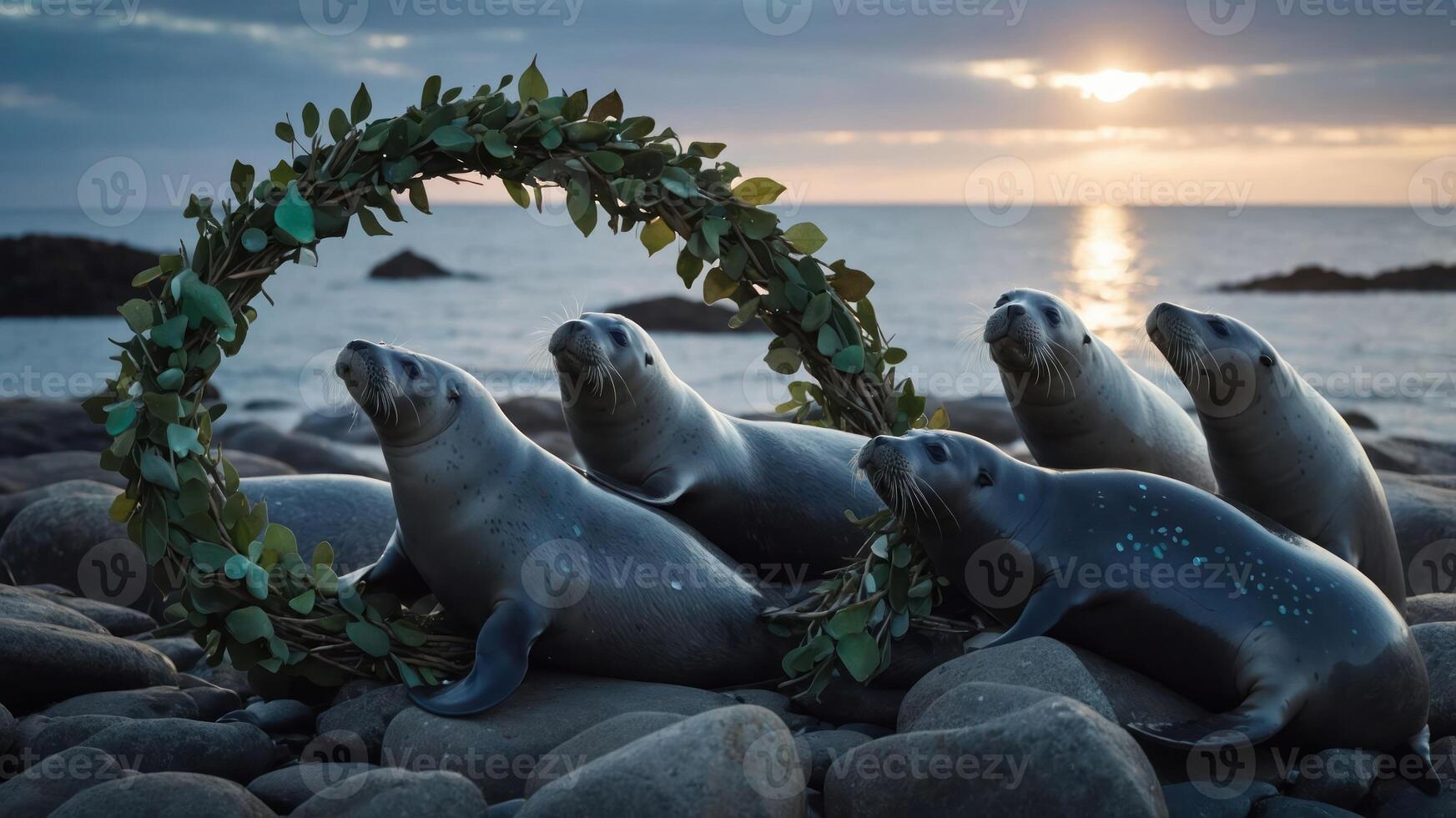 Seals gathered around a leafy wreath at sunset by the ocean. photo