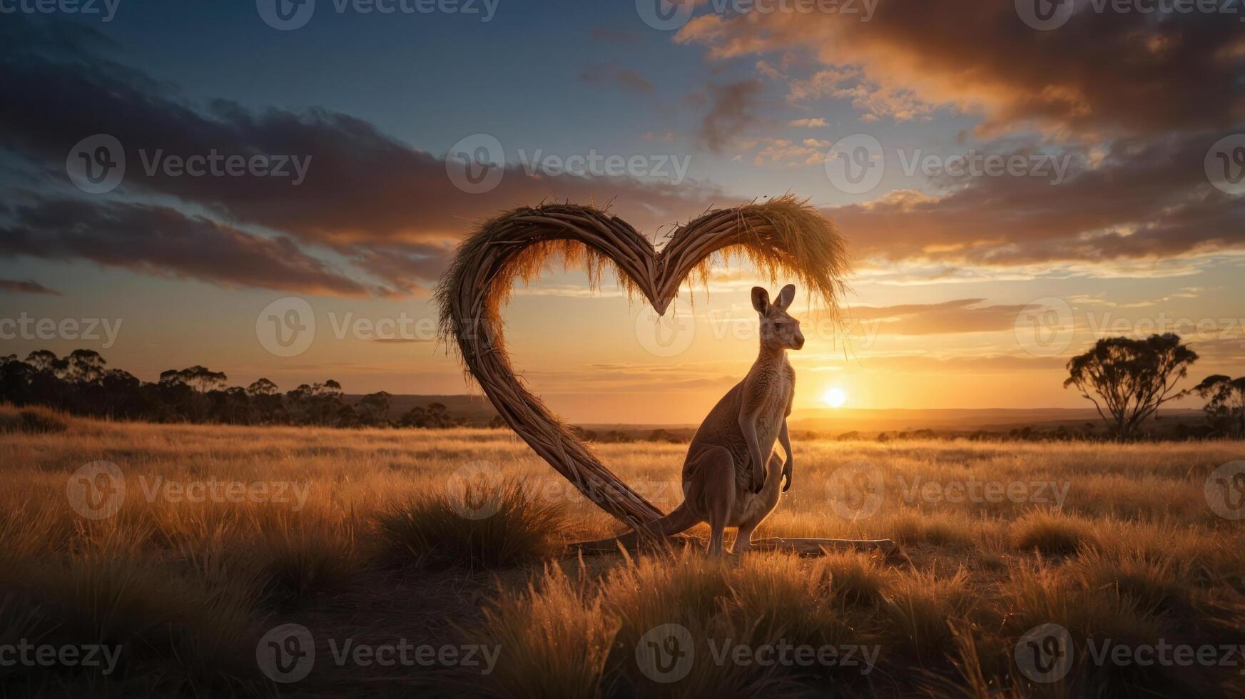 A kangaroo stands beside a heart-shaped structure at sunset in a grassy landscape. photo