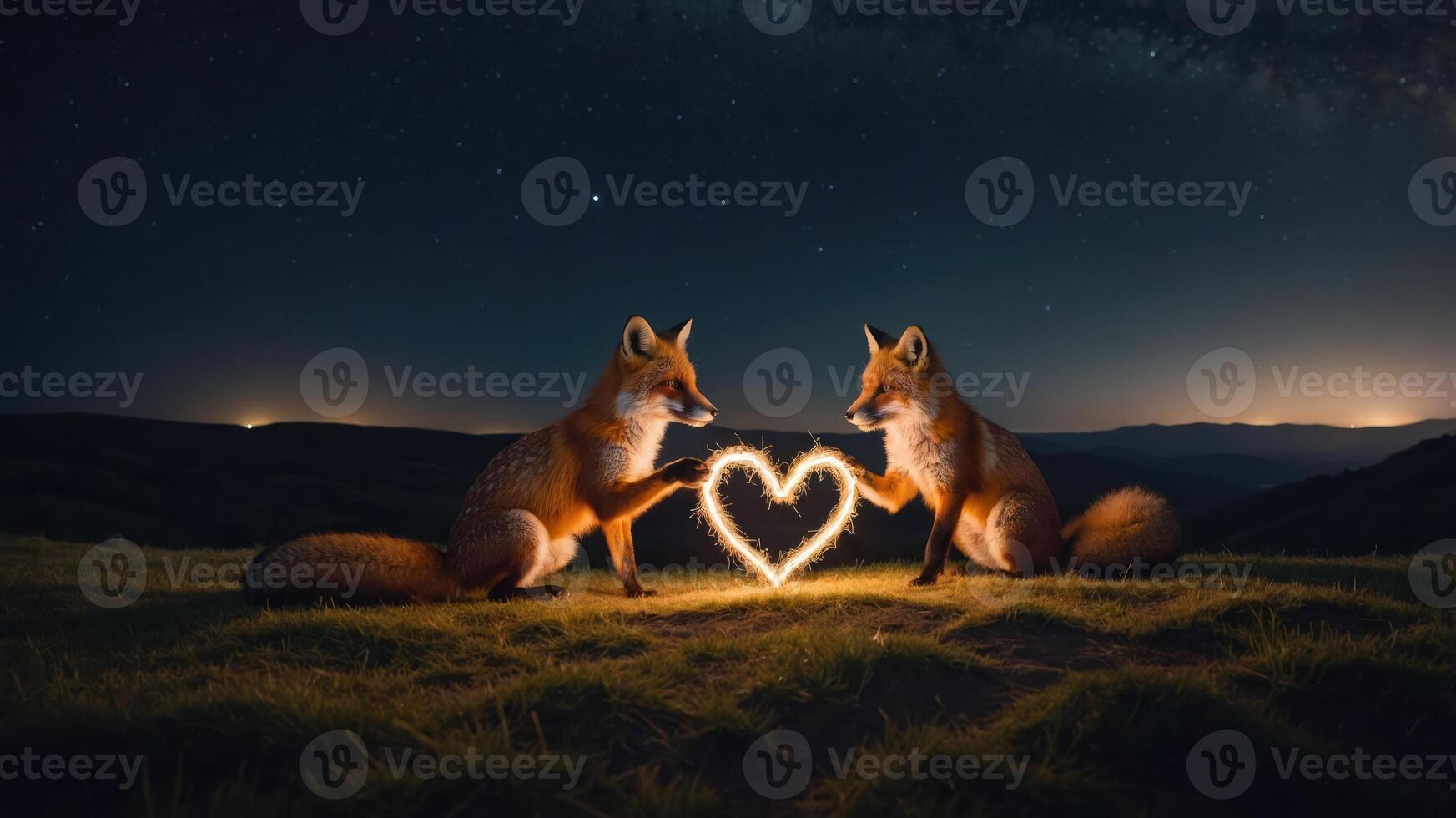 Two foxes creating a heart shape with sparklers under a starry night sky. photo