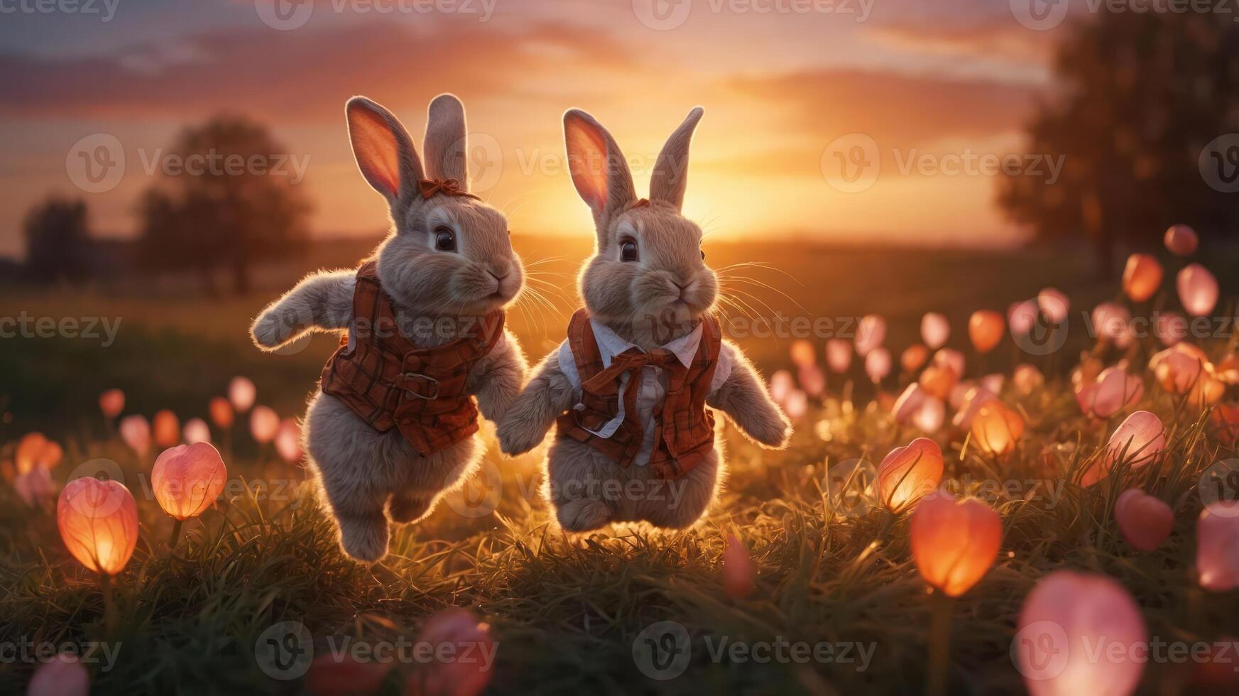 Two adorable rabbits joyfully walking through a field of glowing flowers at sunset. photo