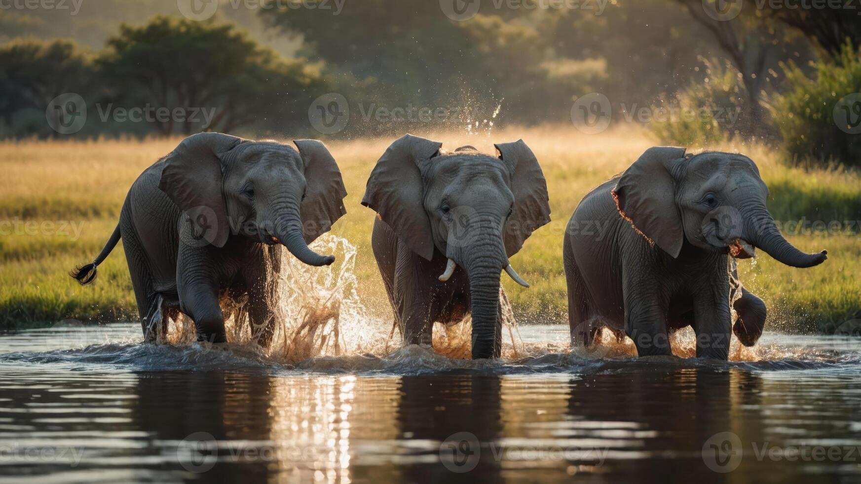 Three elephants playfully splash in a serene water body during sunset. photo