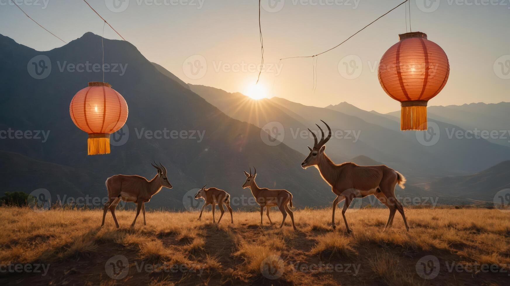 A serene landscape with deer and lanterns at sunset in a mountainous region. photo