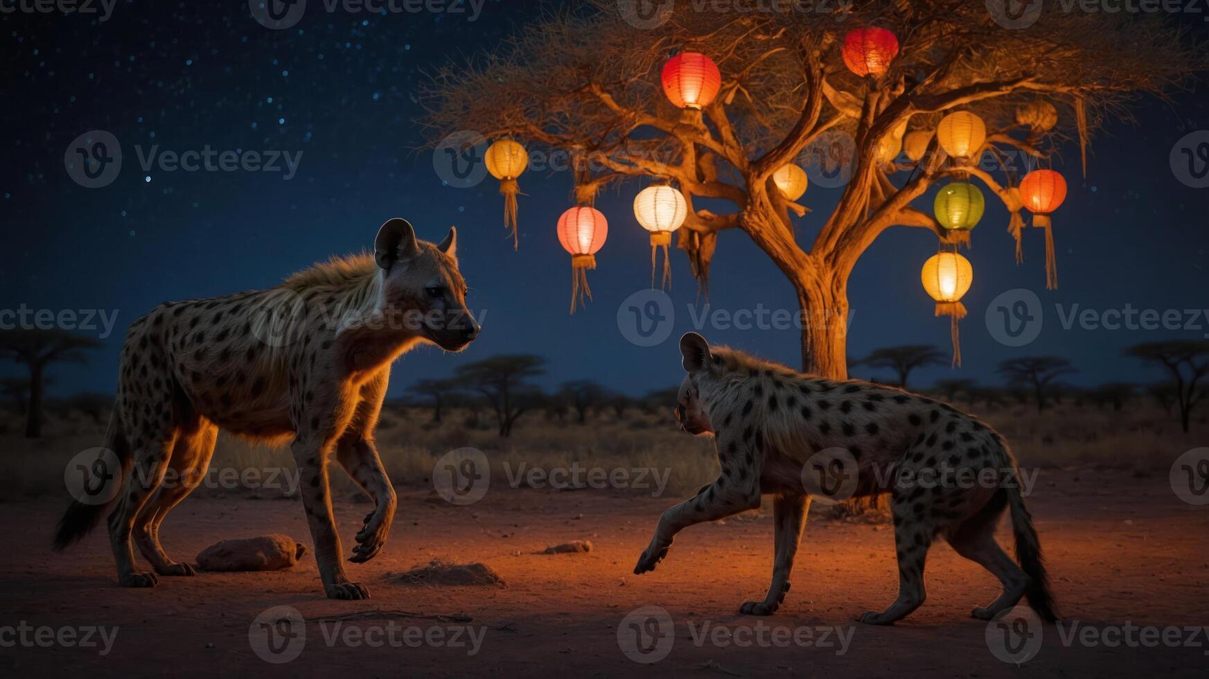 Two hyenas walk under a starry sky near a lantern-lit tree in a serene landscape. photo