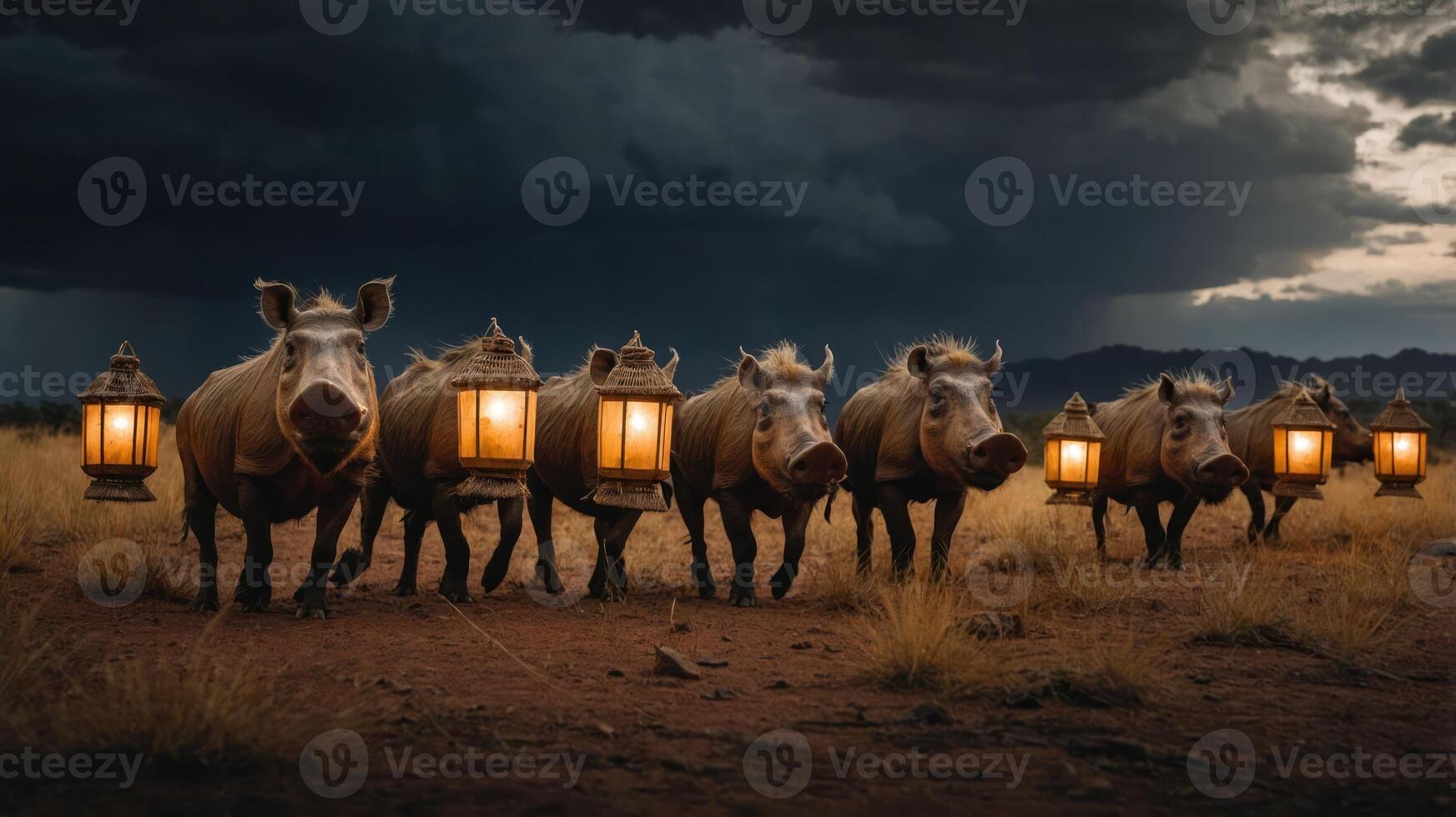 A group of wild boars carrying lanterns in a dramatic, moody landscape. photo