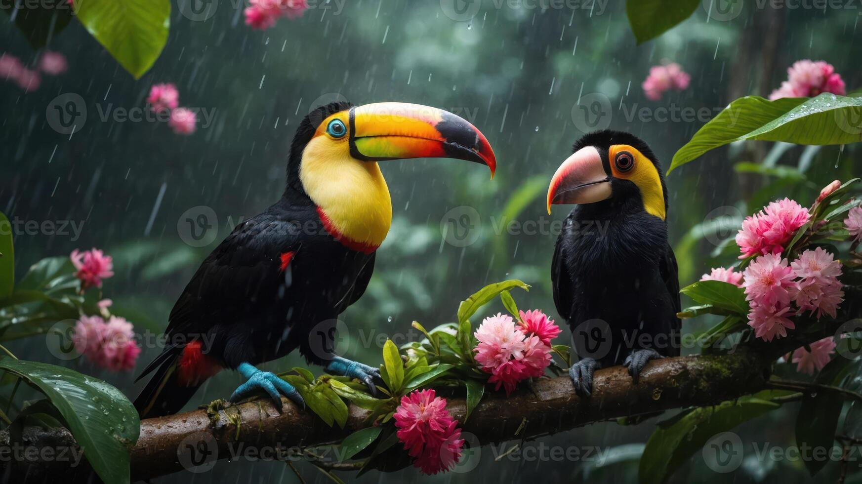 Two colorful toucans perched on a branch amidst vibrant flowers and rain. photo