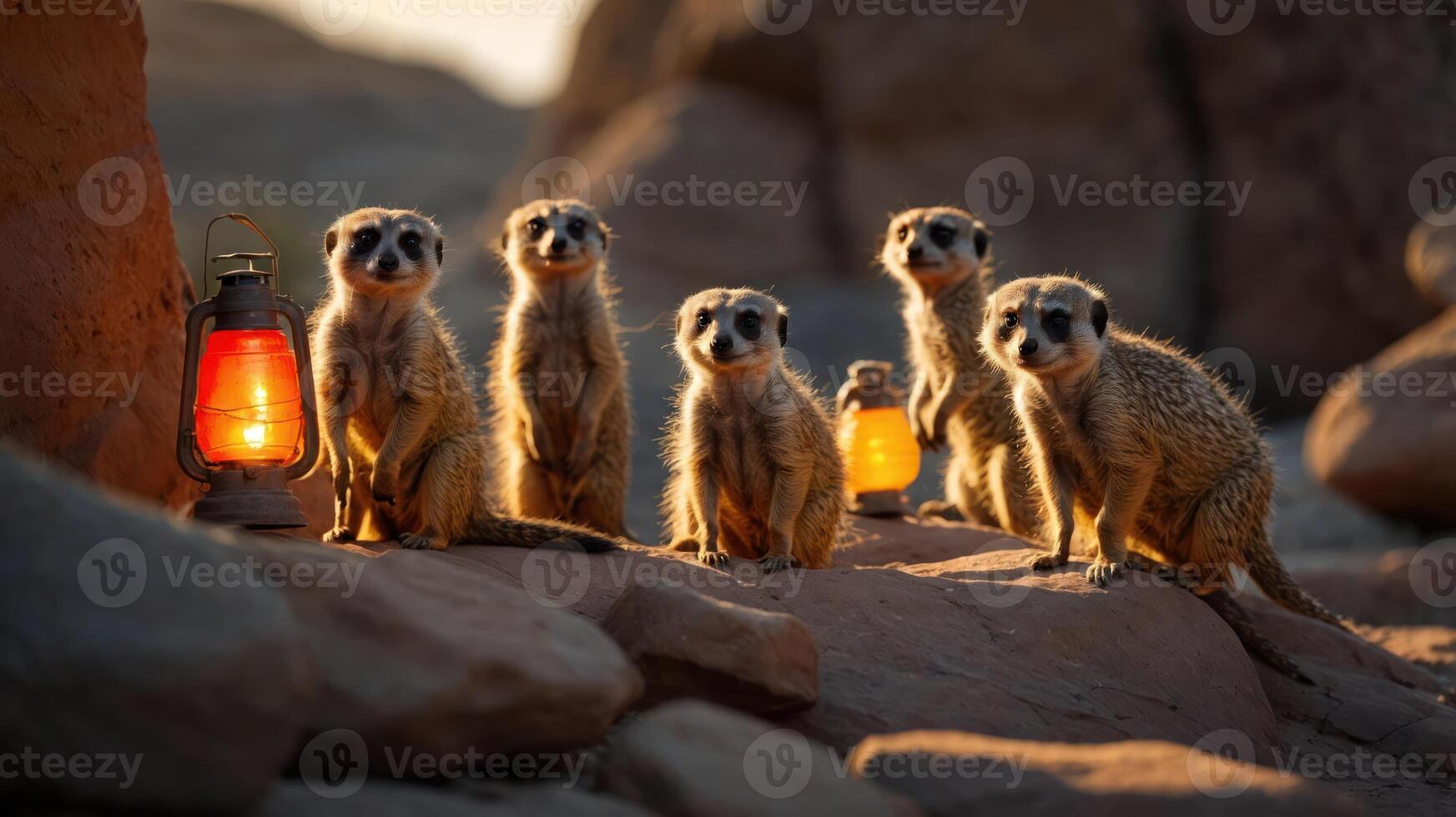 A group of meerkats gathered around glowing lanterns in a rocky desert landscape. photo