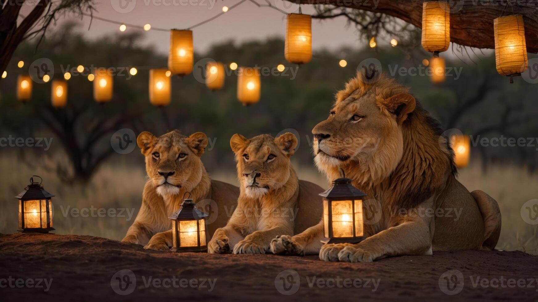 Three lions resting under lanterns in a serene landscape at dusk. photo