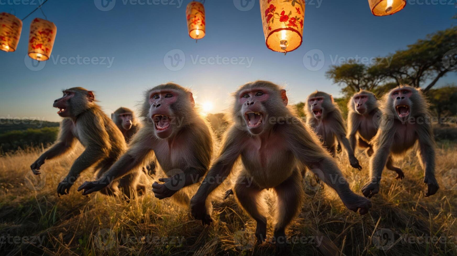A group of baboons running through a grassy field under lanterns at sunset. photo