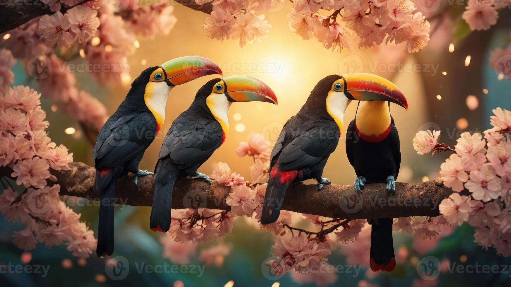 A vibrant scene featuring four toucans perched on a branch surrounded by cherry blossoms. photo