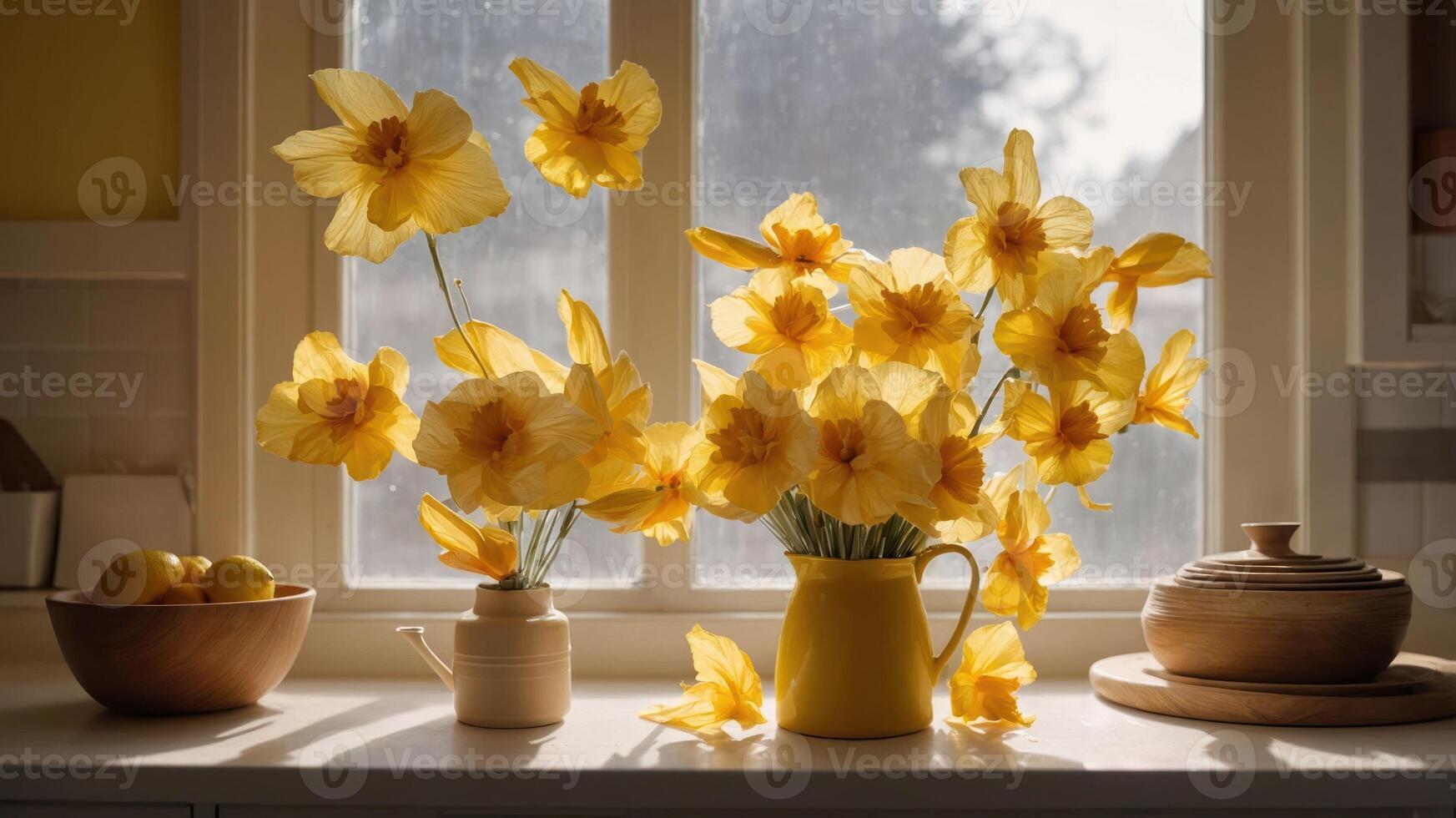 A bright kitchen scene featuring vibrant yellow daffodils in a sunny window. photo