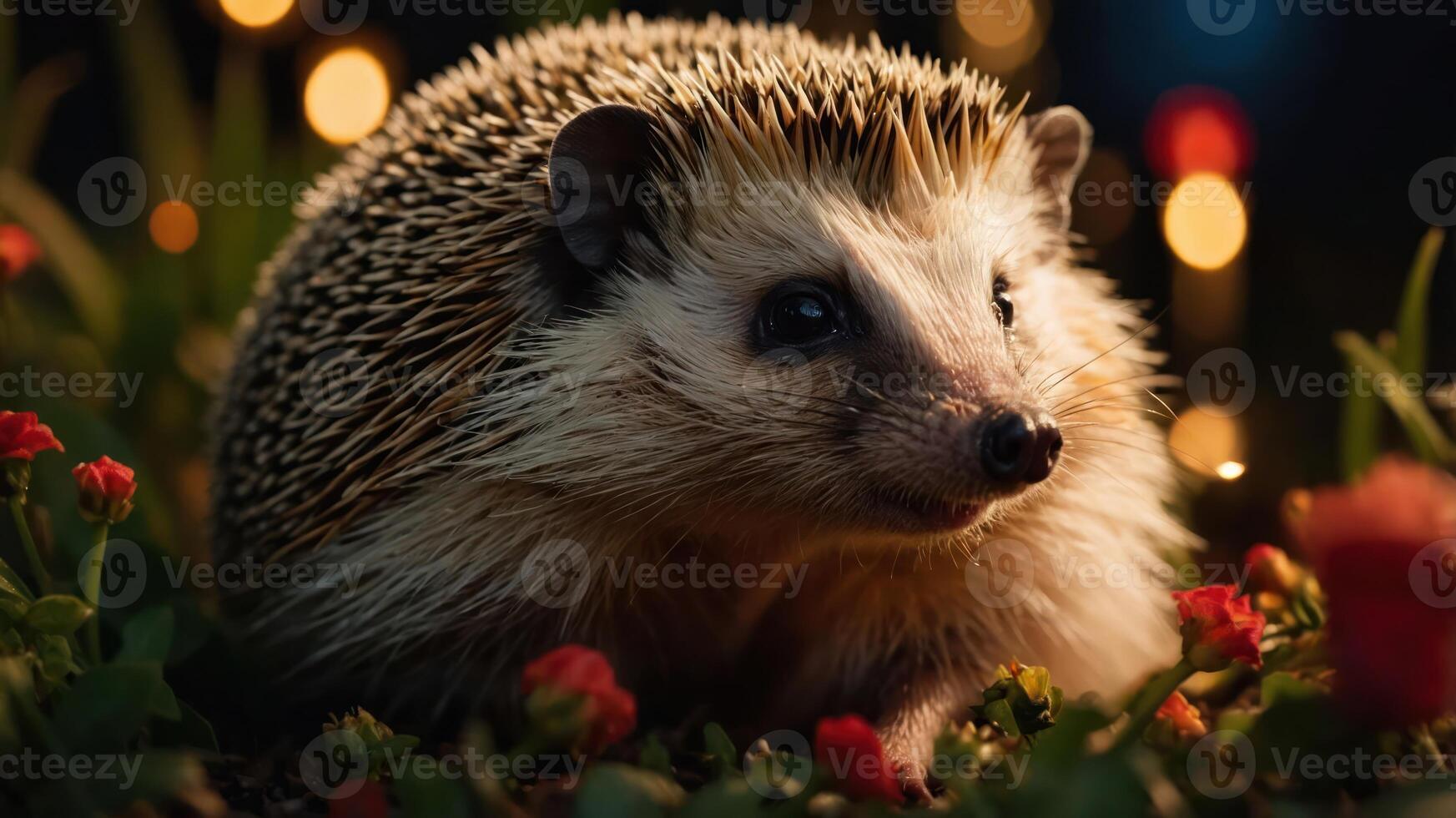 A close-up of a hedgehog surrounded by flowers and soft lighting. photo