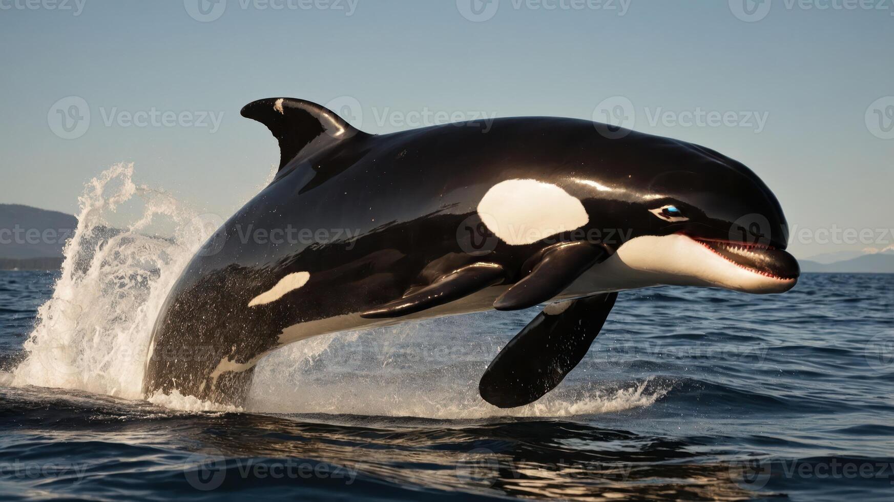 An orca leaps out of the ocean, showcasing its powerful form against a scenic backdrop. photo