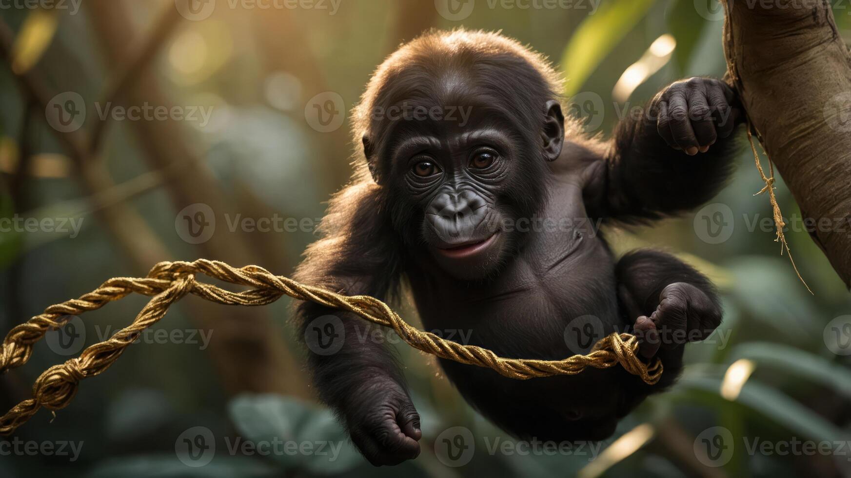 A playful young gorilla swinging on a rope in a lush jungle setting. photo