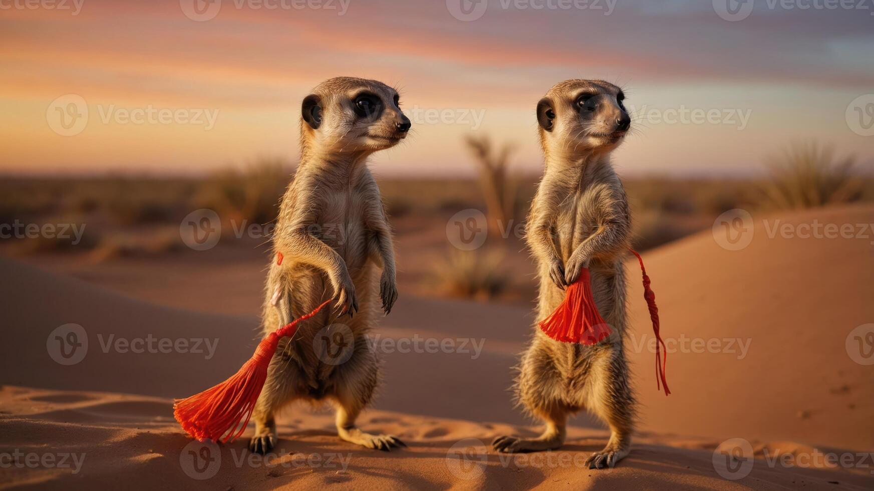 Two meerkats standing on a sand dune during sunset, holding small red bags. photo