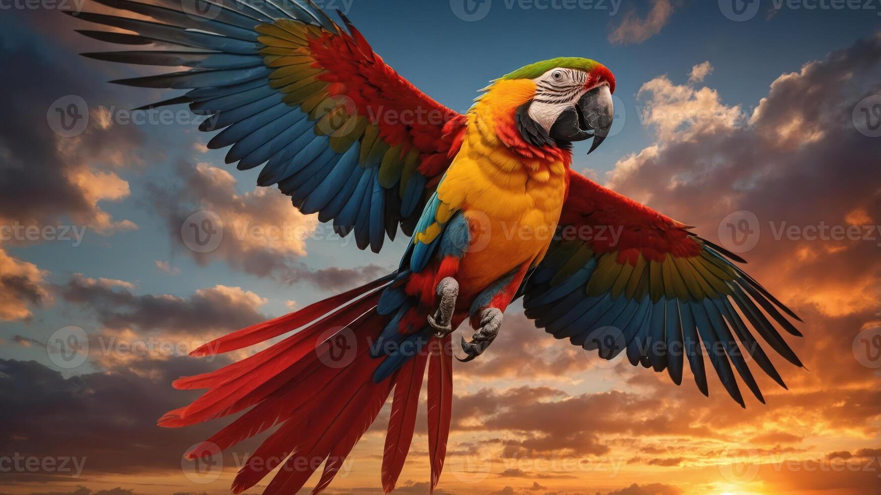 A vibrant parrot in flight against a colorful sunset backdrop. photo