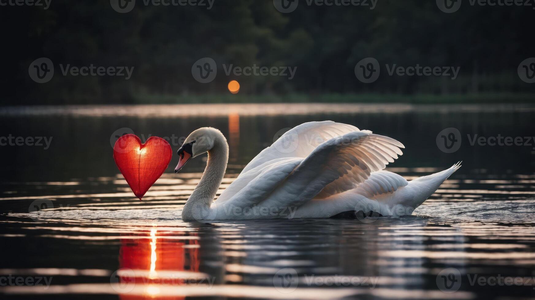 A serene swan glides on water, holding a glowing heart, symbolizing love and tranquility. photo