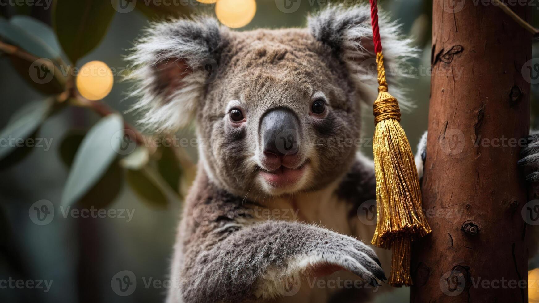 A cute koala clings to a tree, showcasing its playful nature amidst soft lighting. photo