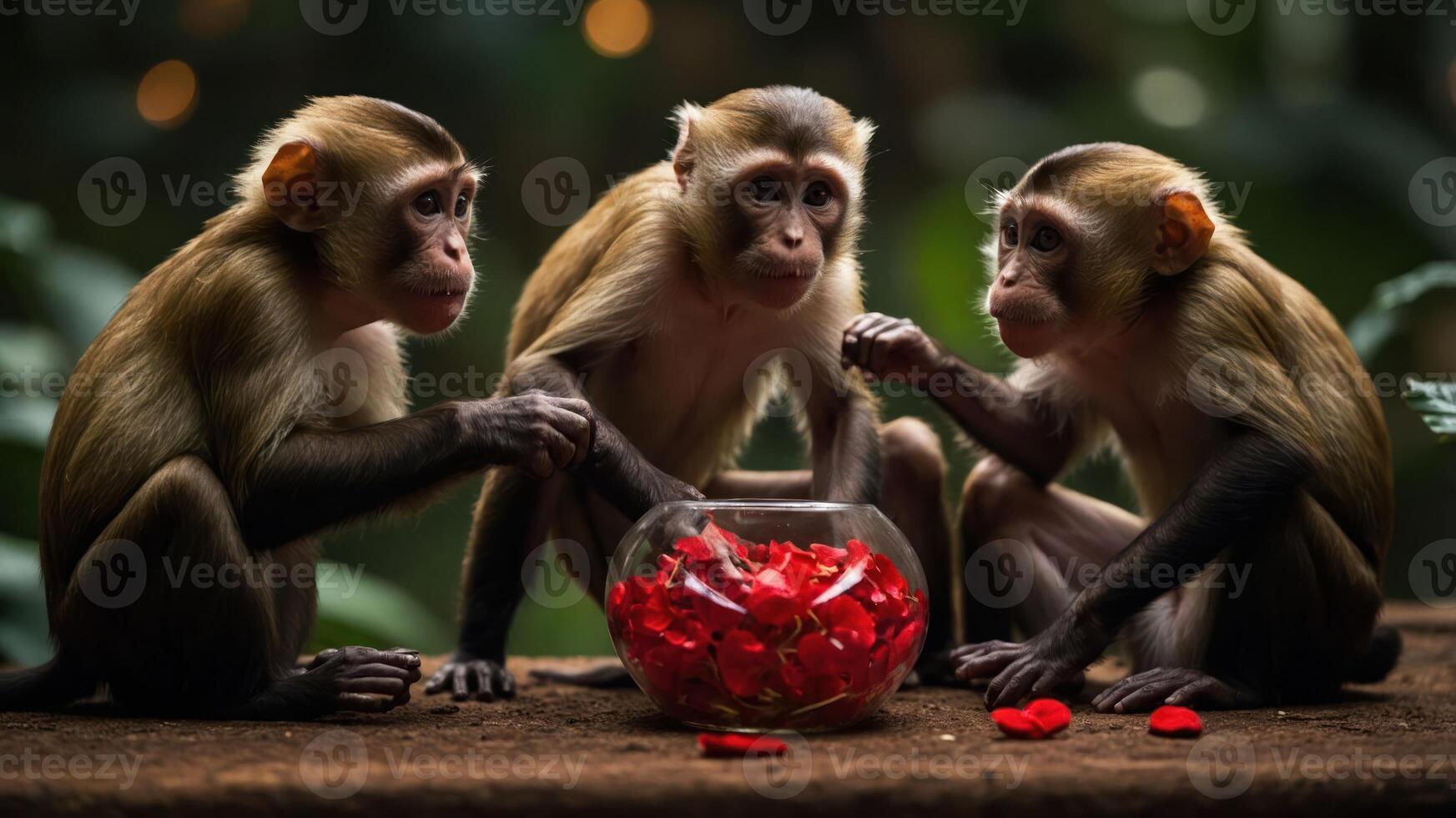 Three monkeys curiously explore a bowl of rose petals in a lush green setting. photo