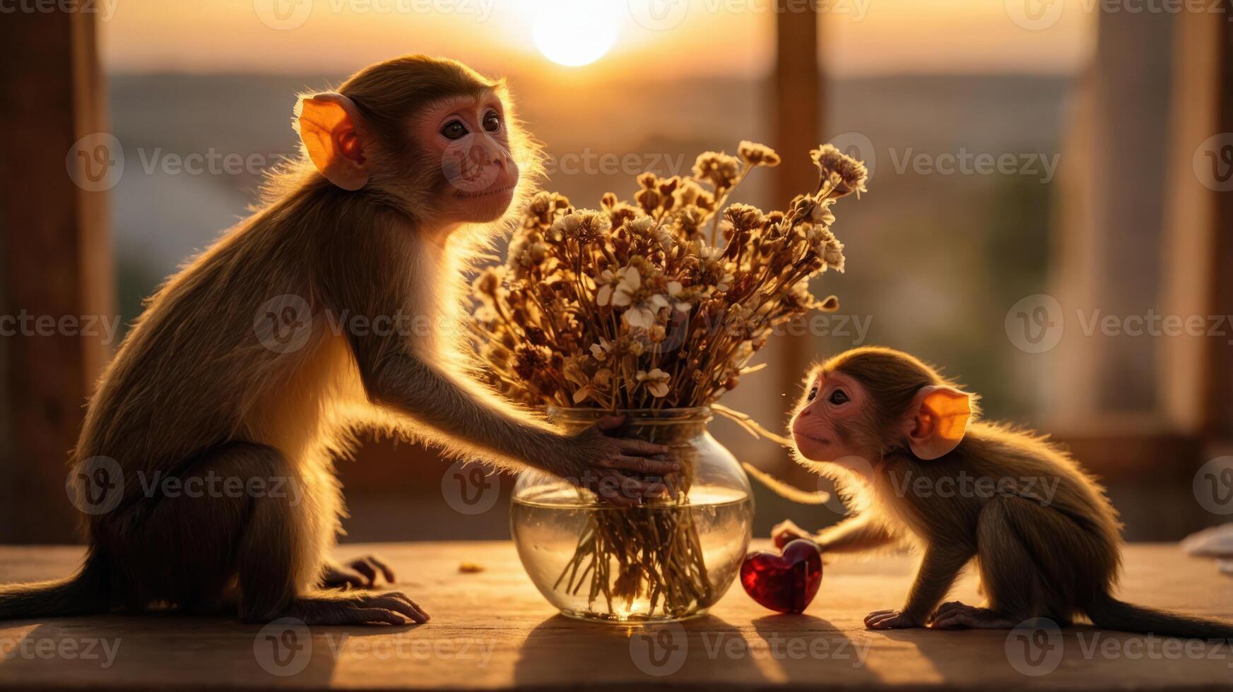 Two monkeys interacting with a vase of dried flowers at sunset. photo